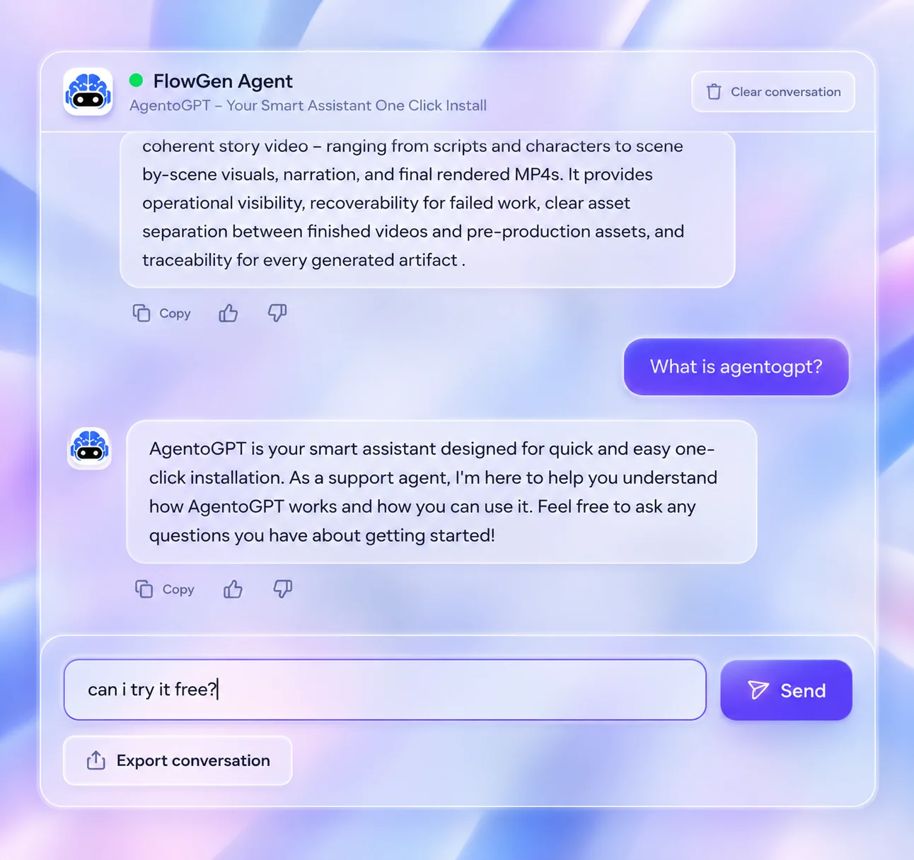 An AgentoGPT chat agent answering a visitor's question, with copy, feedback and export controls